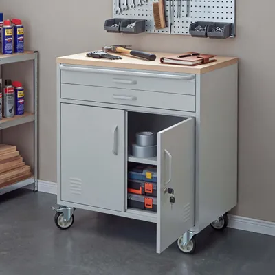 Imagen del producto de Carro de herramientas HWC-R18, carro con ruedas para herramientas, con cerradura, con ruedas, compartimentos de almacenamiento, cajones, acero, 85x75x53 cm, color gris claro