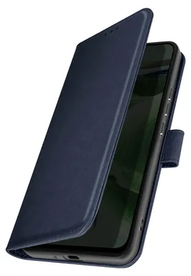 A dark blue flip case for a smartphone is shown with the cover open, revealing the phone screen.