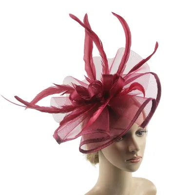 Produktbild von Einfarbiger, eleganter Fascinator-Hut mit Haarspange, dekorative Federschleife, Netzdekor, Pillbox-Hut, Haar-Accessoires, Weinrot