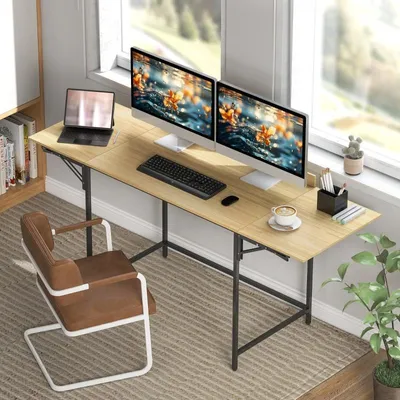 Productafbeelding van Okwish: Opklapbare computerbureau, bureau, kantoortafel met 2 uitschuifbare plateaus, opklaptafel met metalen frame en verstelbare voetsteun, eikenhout + zwart