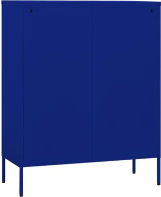 A blue metal storage cabinet with two doors and four legs, shown against a white background.