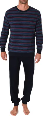 Produktbild von Eleganter Herren langarm Frottee Schlafanzug Pyjama mit Bündchen - auch in Übergrößen ; marine , 50