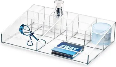 Image de Unyqoos® : Organisateur de maquillage transparent en plastique, avec 13 compartiments, dimensions 30,5 x 20,3 x 7,5 cm – idéal pour les palettes, les pinceaux et les rouges à lèvres