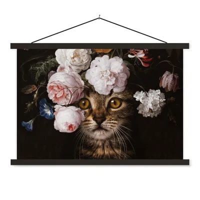 Produktbild von MuchoWow® Textilposter Katze - Blumen - Kunst 150x100 cm mit schwarzem Rahmen - Schlafzimmer
