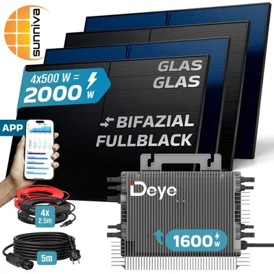 Produktbild von SUNNIVA® 2000W Balkonkraftwerk BIFAZIAL FULLBLACK komplett Steckdose DEYE 1600W Wechselrichter, PV Solaranlage, 5m Kabel, Bluetooth WIFI