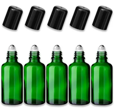 Produktbild von 5x Grüne Glasflasche 50 ml Roll-On mit schwarzem Verschluss Leer Set