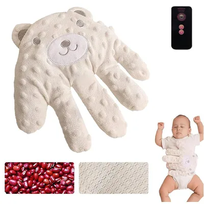 A collage of images showing a baby sleep aid, red beans, a fabric texture, a remote control, and a sleeping baby.