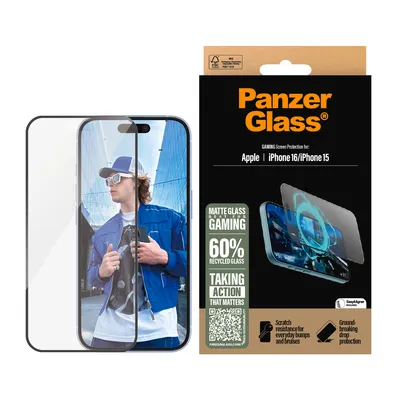 Obrázek produktu pro PanzerGlass ® Gaming Screen Protector iPhone 16 | 15 | Ultra-Wide Fit, Apple, Apple - iPhone 16, Apple - iPhone 15, Aplikace nasucho, Odolné proti poškrábání, Odolný proti nárazům, Průhledná, 1 kusů