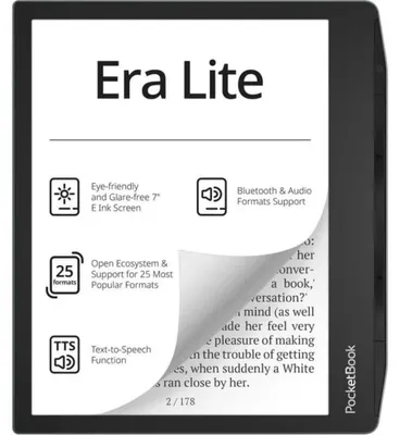 Productafbeelding van PocketBook Era Lite, 17,8 cm (7 inch), 1264 x 1680 pixels, ondersteunt bestandsformaten: ACSM, AZW, AZW3, CBR, CBZ, CHM, DjVu, DOC, DOCX, EPUB, FB2, FB2.ZIP, HTM, HTML, MOBI, PDF, PRC,..., MP3, OGG, FLAC, M4A, M4B, JPEG, BMP, PNG, TIFF, 16 GB