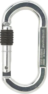Symm Oval Schraubverschluss Karabiner von Austri Alpin; ovaler Metallkarabiner mit schwarzem Schraubverschluss.