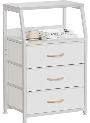 Immagine prodotto di Comodino - Tavolino - 3 cassetti - Scomparto aperto - Altezza 72 cm - Legno con struttura in metallo - Bianco