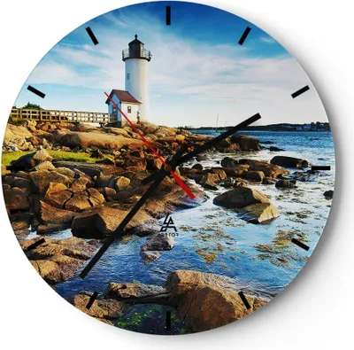 Produktbild von Wanduhr - Rund - Glasuhr - Leuchtturm Ufer Wolke Landschaft - 40x40cm - Schleichendes Uhrwerk - Lautlos - zum Aufhängen bereit - Dekoration Modern - Wanddekoration aus Glas - C3AR40x40-2973