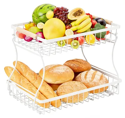 Produktbild von VINATO Obstkorb, Obst Etagere 2 Stöckig mit Holzgriffen für Küche, Bad & Mehr – Obstständer, Gemüse & Küchenorganisation,Organizer Snack