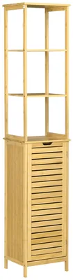 Image de Armoire de salle de bain - Meuble haut - 3 étagères - 1 porte battante - Système anti-basculement - Bambou - Bois naturel