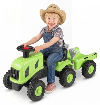 Produktbild von COSTWAY Kindertraktor mit Anhänger, 2-in-1 Rutschfahrzeug mit Hupe, ergonomischem Sitz, Kippschutz & Werkzeughaltern, Kinderauto 25kg, Aufsitztraktor