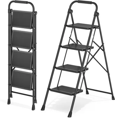 Produktbild von Teleskopleiter mit 4 Sprossen – schwarze Klappleiter – mit Handlauf – belastbar bis 150 kg