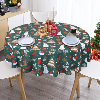 Produktbild von Runde Tischdecke Weihnachten Schneeflocken 177 cm Grün wasserdicht abwischbar