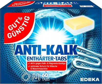 The image shows the packaging of anti-limescale tabs for a washing machine.