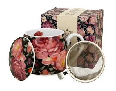 Produktbild von DUO FLORAL Fassbecher 430 ml SPRING ROSES BLACK mit Teesieb, New Bone China Porzellan