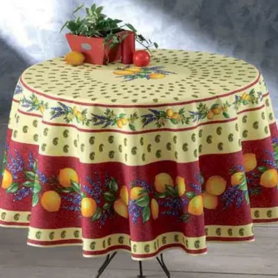Zdjęcie produktu dla Prostokątny lub okrągły obrus prowansalski z poliestru odpornego na plamy, cytrynowy czerwony, 180 x 180 cm