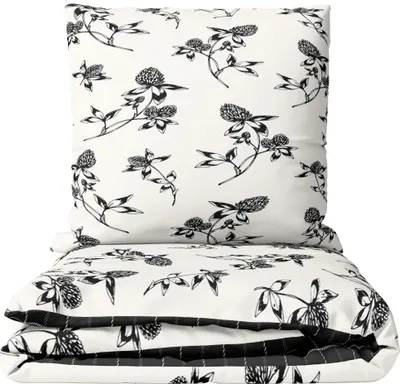 Produktbild von Bettwäsche Set Renforce Baumwolle 155x220 Weiß Schwarz Blumen design Wendeseite Kariert Reißverschluss 4 teilig