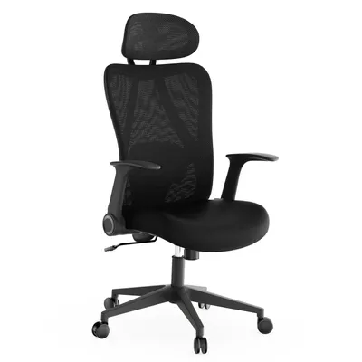 A black ergonomic office chair with a headrest and adjustable armrests is shown against a white background.