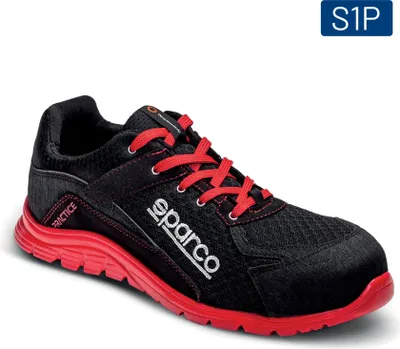 A black and red Sparco safety shoe is shown against a white background.