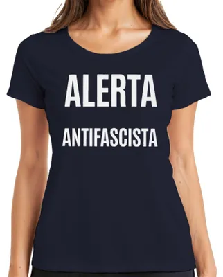Zdjęcie produktu dla Alerta Antifascista – koszulka damska z nadrukiem protestacyjnym, motywem aktywistycznym i polityką lewicową, styl retro, kolor granatowy, rozmiar XL