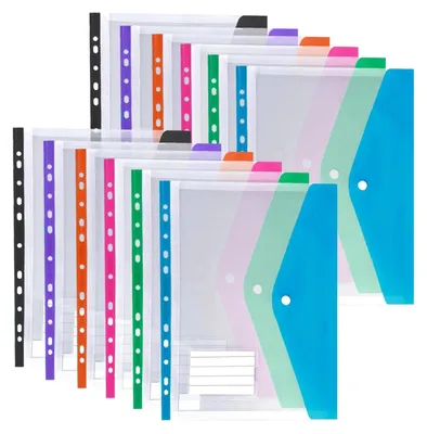 Productafbeelding van 12 transparante documentenhoezen in A4-formaat met drukknopsluiting en een etiketvak, uitbreidbaar tot 20 mm.