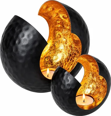 Teelichthalter aus Metall, Schwarz-Gold, 2er-Set