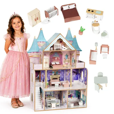 Immagine prodotto di Casina di bambole in legno, castello Bella, 4 piani, 5 stanze, 15 accessori, marca ECOTOYS