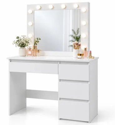 Obrázek produktu pro Kosmetický stolek Relaxdays s hollywoodským zrcadlem, osvětlením, 4 zásuvkami, rozměry (v x š x h): 140 x 94 x 43 cm, bílý, Obrázek vytvořený pomocí AI