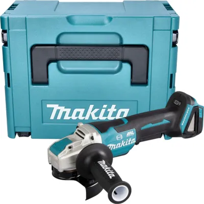 A teal Makita storage case and a teal and silver Makita angle grinder are displayed against a white background.
