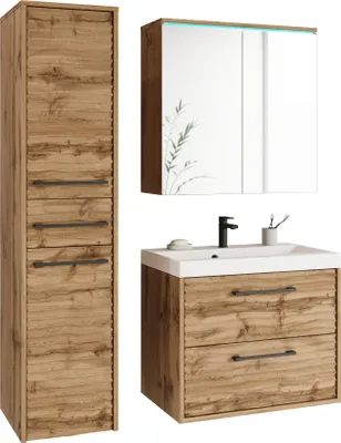 Image de Minio, Ensemble de meubles de salle de bains "Yuko 1", 3 pièces, avec éclairage LED, avec lavabo, salle de bains, Chêne Wotan / Chêne Wotan couleur MDF ondulé échantillons