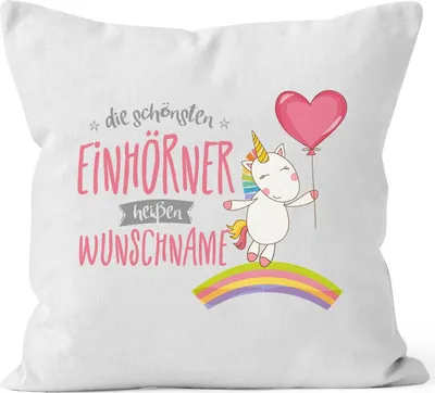 Produktbild von Einhorn Kissen mit Wunschname Personalisierbar Individuell Kissen-Hülle Deko-Kissen Baumwolle MoonWorks® weiß unisize