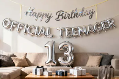 Produktbild von Geburtstagsdeko Set, Happy Birthday Banner, Nummer 13 Folienballons, 13 Jahre, für Teenager