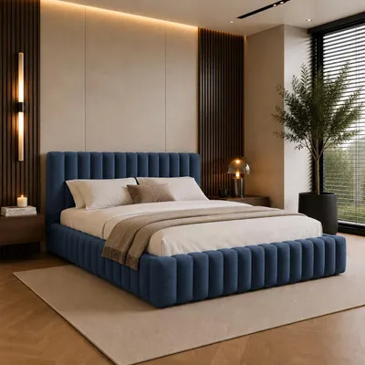 Image de Lit rembourré FURNISTAR BLIVIO 200 x 200 cm, lit rembourré avec coffre de rangement, espace de rangement et sommier à lattes, lit double, style lit à ressorts, bleu