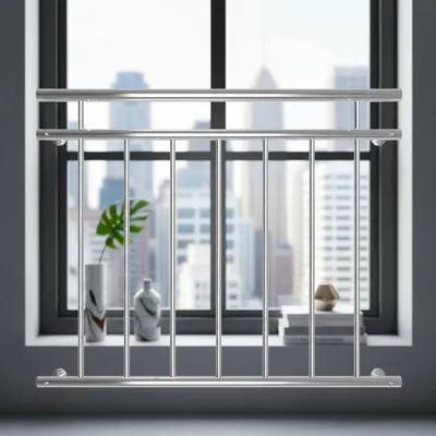 A silver balcony railing is installed in front of a window with a city view.