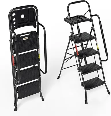 Produktbild von 5-Stufen Trittleiter mit Handlauf und Werkzeugablage, klappbare Haushaltsleiter, rutschfeste Sicherheitsleiter bis 150 kg, Schwarz, 52 x 108 x 167 cm