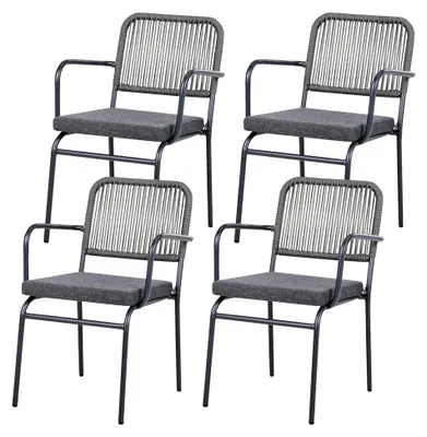 Produktbild von 4er Set Gartenstühle aus Aluminium mit grauen Stoffbezügen und Sitzkissen, stapelbar