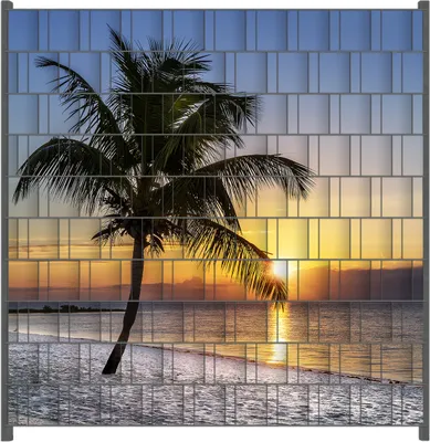 Produktbild von Wallario Zaunsichtschutz mit Motiv Palme am Strand - Sonnenuntergang über dem Meer für Ein- und Doppelstabmatten Zäune in der Größe 200 x 200 cm