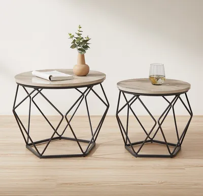 Produktbild von VASAGLE Couchtisch rund, 2er Set, Wohnzimmertisch, Beistelltisch, Vintage-Flair, abnehmbare Tischplatte, für Wohnzimmer, greige-schwarz LET040B02