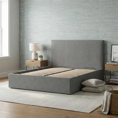 Produktbild von Polsterbett PAOLA 140x200 – Modernes Doppelbett mit Kopfteil und Holzlattenrost, ohne Bettkasten Dunkelgrau Geflecht