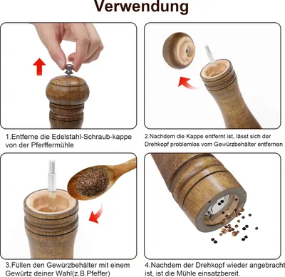 Salz- & Pfeffermühlen-Set Aus Akazienholz – Manuell, Nachfüllbar, Mit Einstellbarer Mahlstärke & Tablett