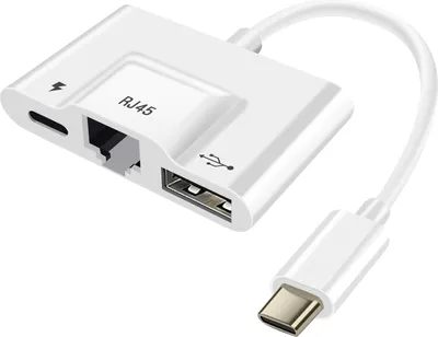 Image de adaptateur USB-C 3 en 1 vers USB / Ethernet / USB-C - Blanc
