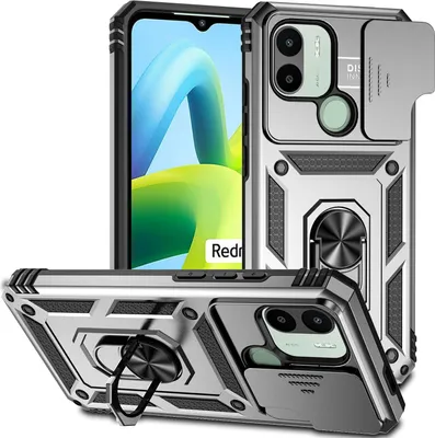 Produktbild von Redmi A1+ Hülle mit Schiebe Kamera Schutz und Ringhalter Ständer Robust Rüstung Schutzhülle für Xiaomi Redmi A1 / A1+ Silber
