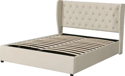 Obrázek produktu pro Okwish čalouněná postel 140x200 cm, hydraulická manželská postel s úložným prostorem, box na ložní prádlo, sametová tkanina, bez matrace - béžová