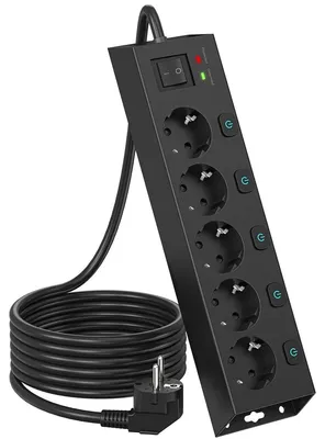 Immagine prodotto di Ciabatta multipla - Cinque prese - Interruttore singolo per presa - Cavo 2 m - Protezione da sovratensione 1050 J - Nero