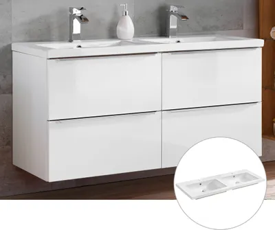Produktbild von Doppelwaschtisch 120cm mit Keramikbecken TOSKANA-56 in Hochglanz weiß, B/H/T ca. 121/61/46 cm