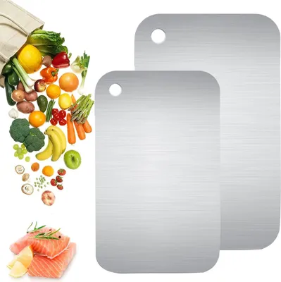 Produktbild von 2er Titan Schneidebrett,Schneidebretter aus Edelstahl,Schneidebrett Titan, Doppelseitiges Titanium Cutting Board für Fleisch,Obst,Fleisch,30x20cm+24x15cm